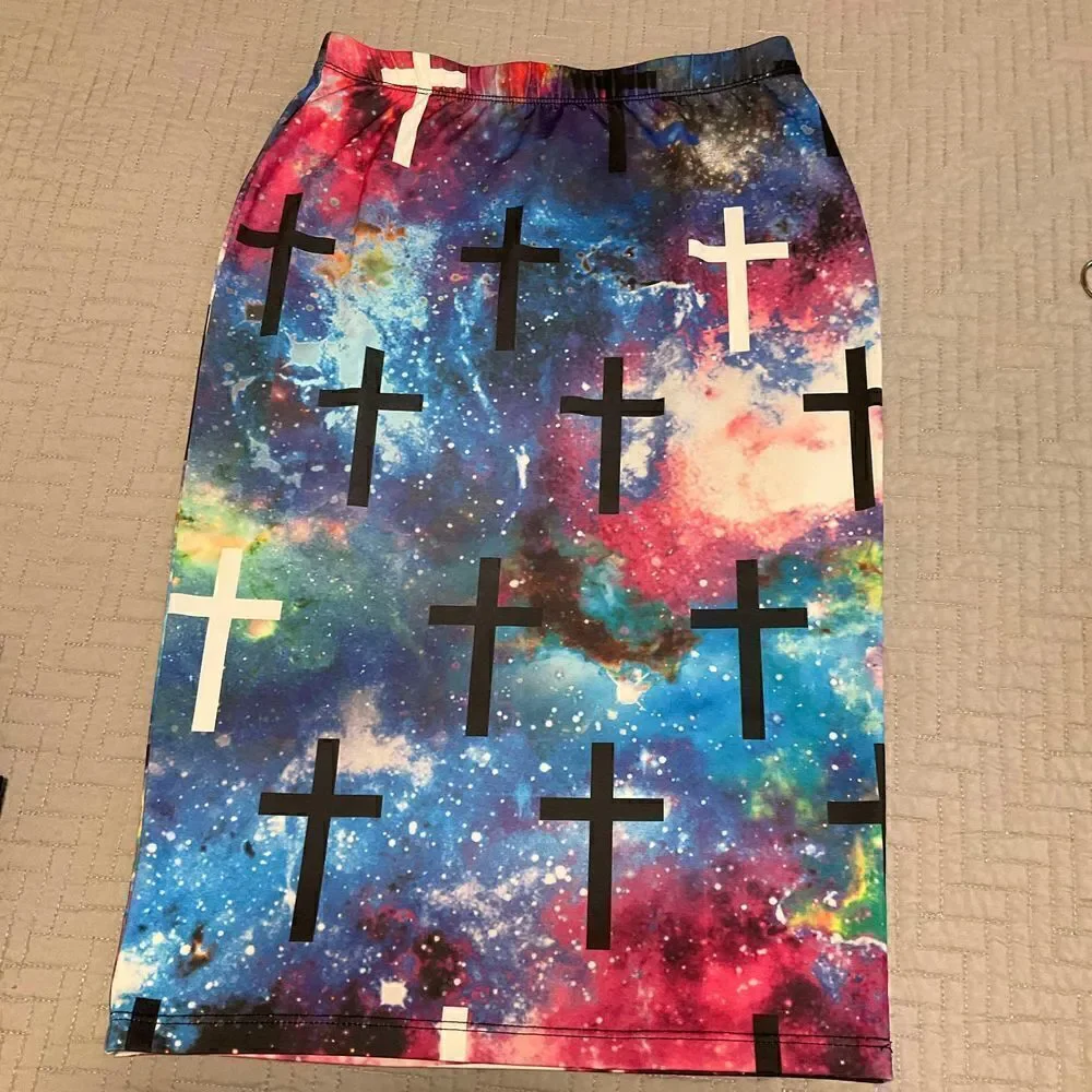 Modern Lux Stretch Multicolor and Cross Midiskirt, S, christcore, bubble goth